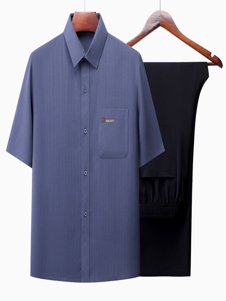 常熟市布弘男装服装商行中老年爸爸提花冰丝短袖衬衫衬衣两件套装