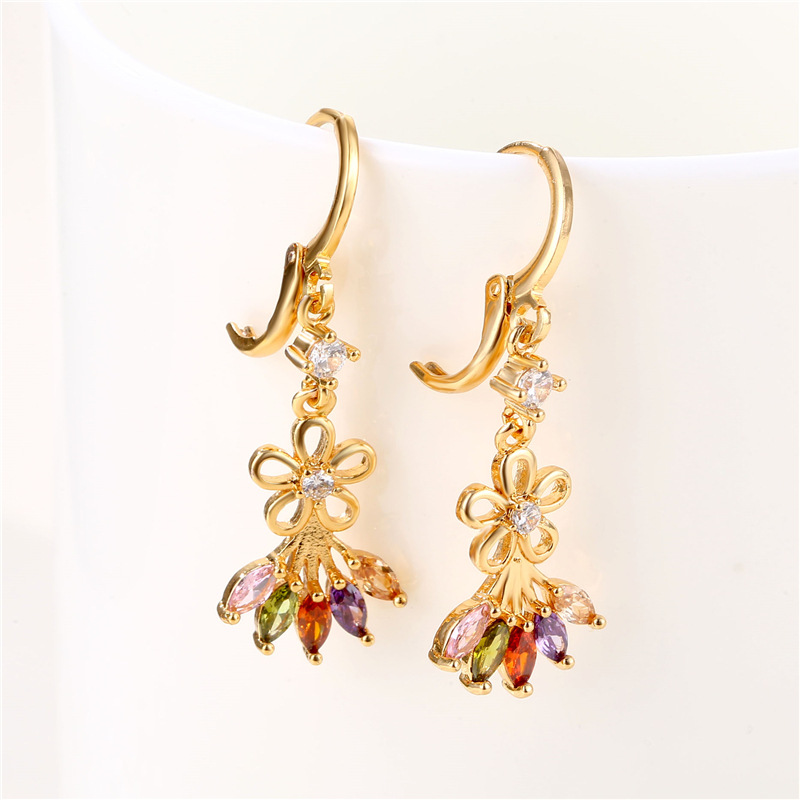 European and American Fashion Flower Ear Clips Long Flower-Shaped Earrings Personalized Colorful Zircon Earrings Female Mixed Color Earrings Wholesale