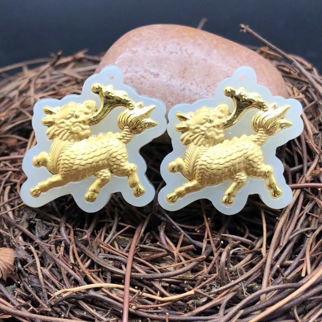 金镶玉麒麟吊坠加厚和田玉足金吊坠麒麟送子厂家批发支持一件代发