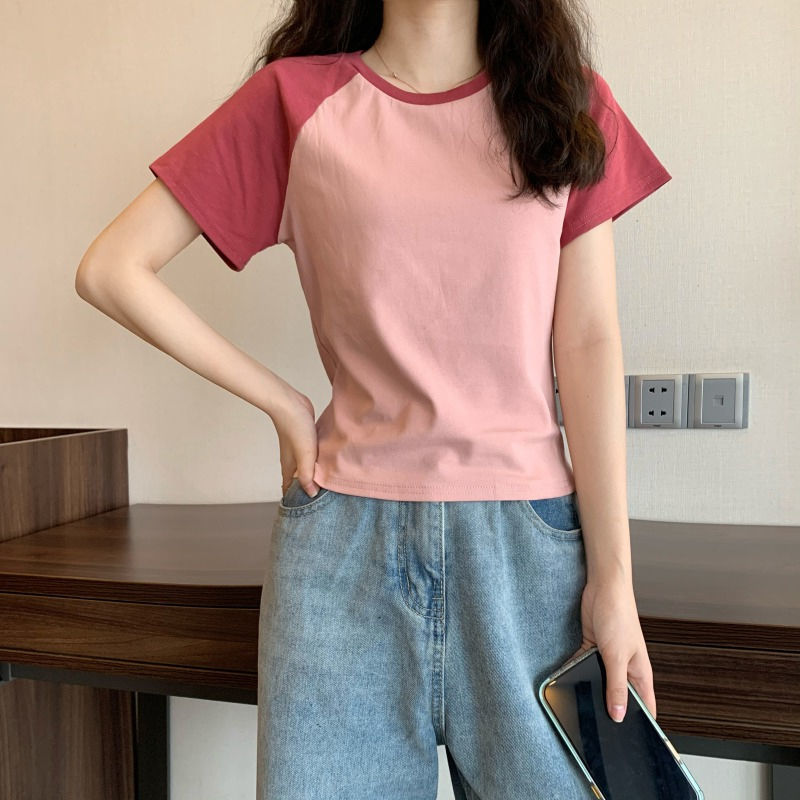 插肩短袖2023年新款撞色插肩袖t恤女圆领高腰短款打底衫体恤上衣