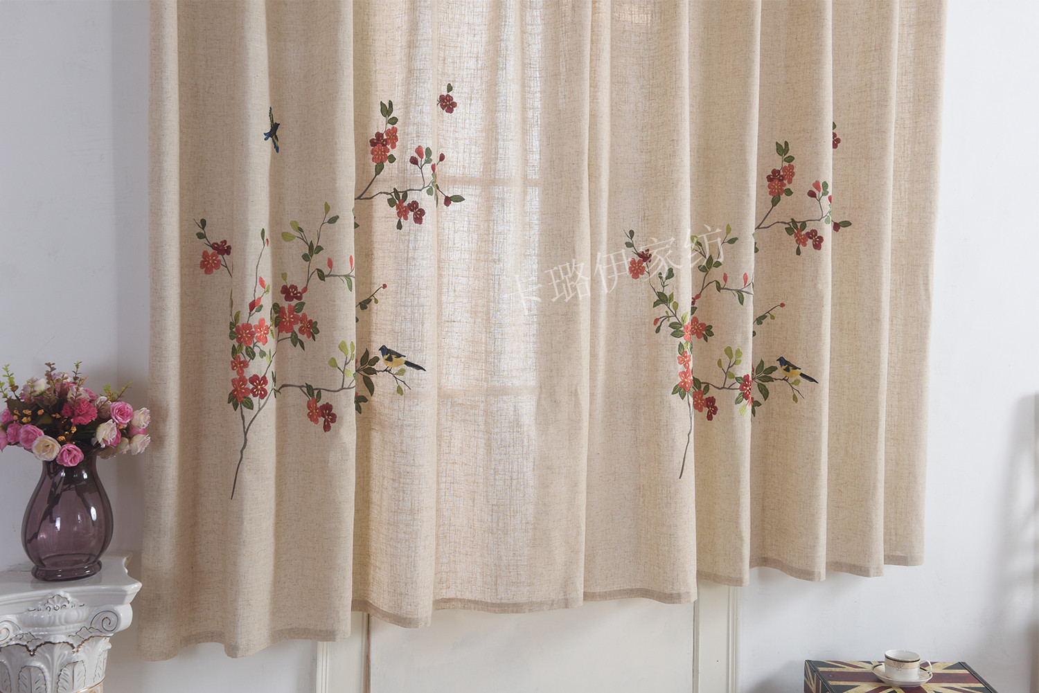 外贸原单清仓大促刺绣绣花亚麻混纺飘窗卧室阳台遮光成品窗帘