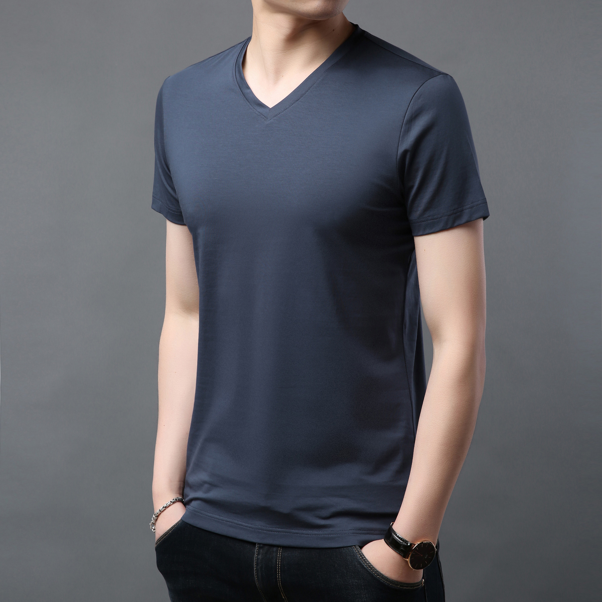 厂家男士短袖t恤2021新款韩版潮流宽松半袖纯色v领体恤男装衣服66