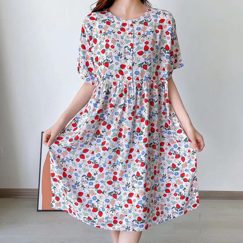 棉绸碎花连衣裙女夏季大码人造棉韩版宽松时尚短袖中长裙家居睡裙