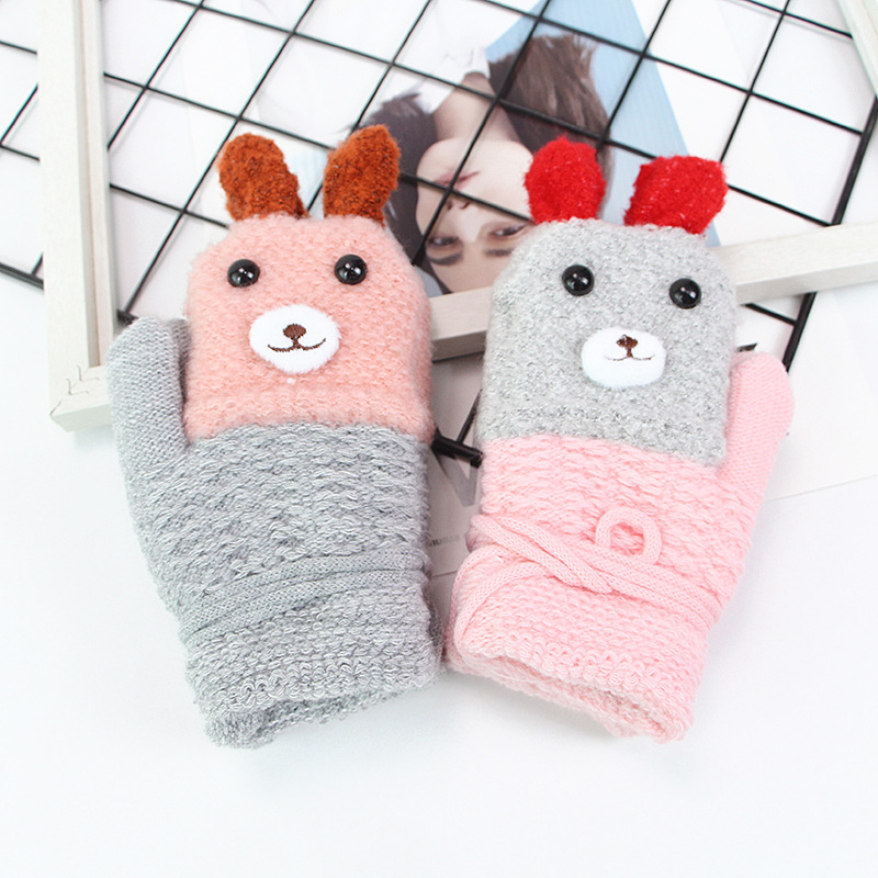 冬季卡通儿童提绳挂脖手套 提花包指仿羊绒宝宝手套保暖手套加绒