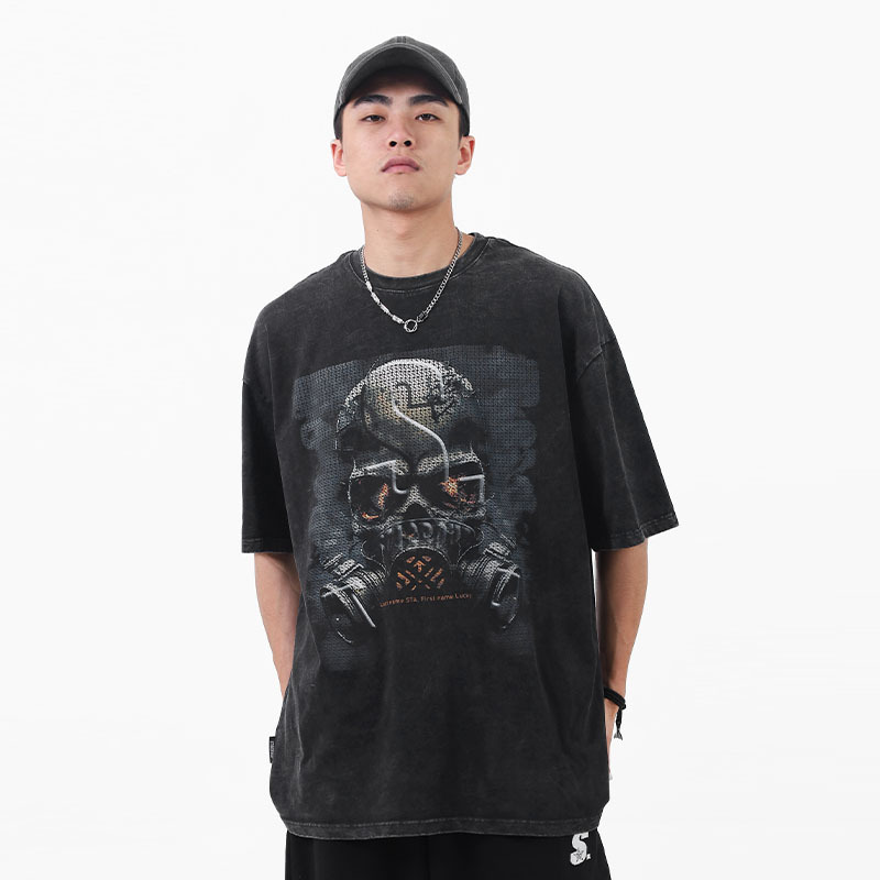 sta数码直喷印花骷髅头新款短袖t恤男潮牌暗黑系列重磅纯棉上衣服