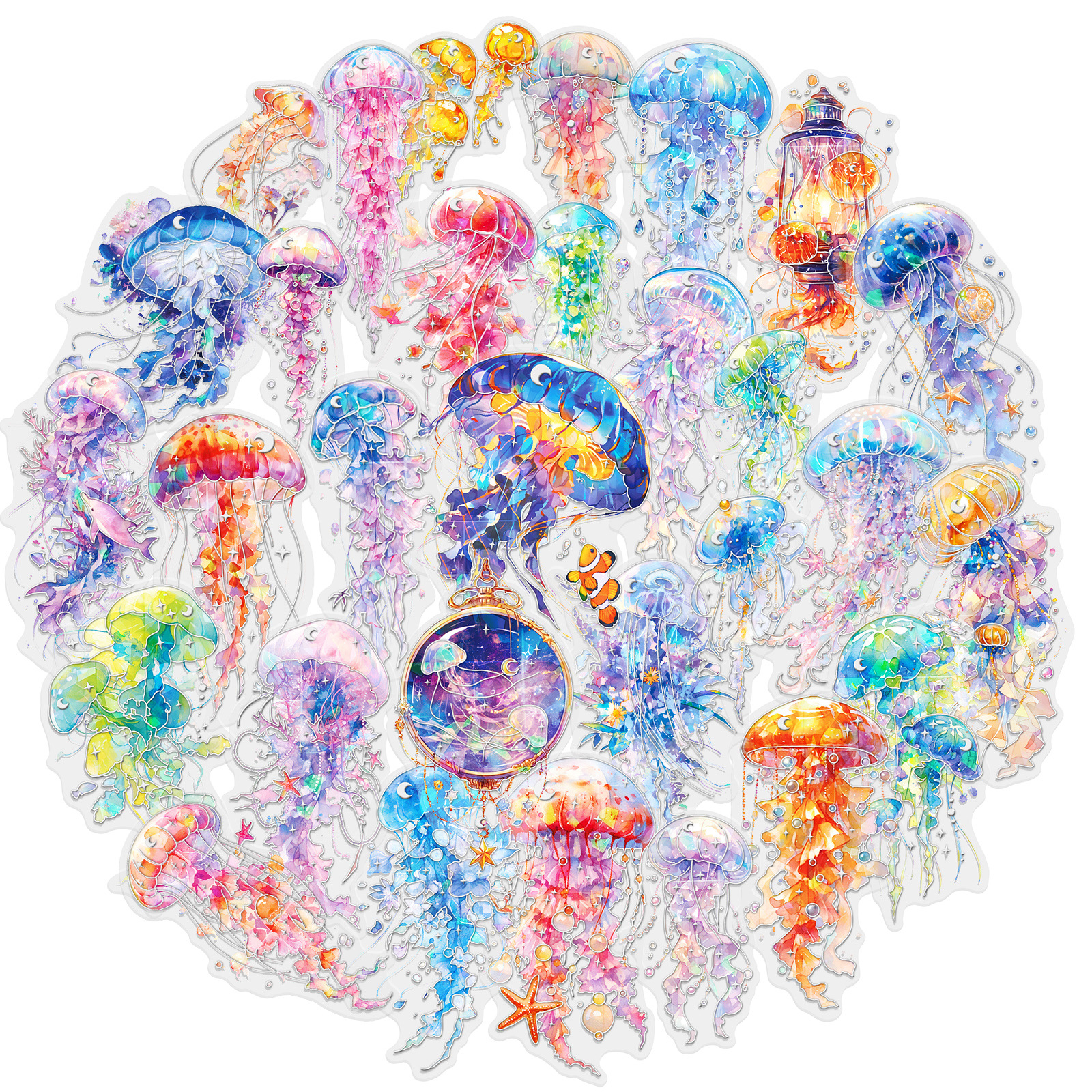 跨境30张梦幻水母烫银镭射防水贴纸diy水杯手机壳冰箱创意手账