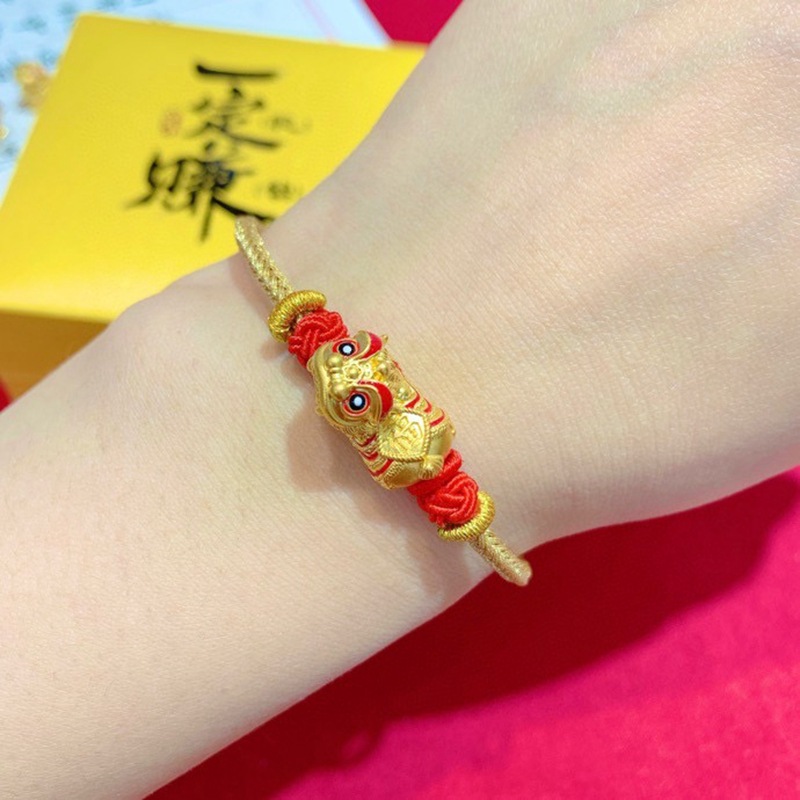 足金999纯黄金醒狮手链复古狮子手串新年红绳虎狮吉祥中国风手绳
