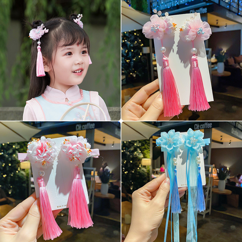 汉服头饰儿童古风古代发饰发夹女童流苏步摇飘带蝴蝶结红色风