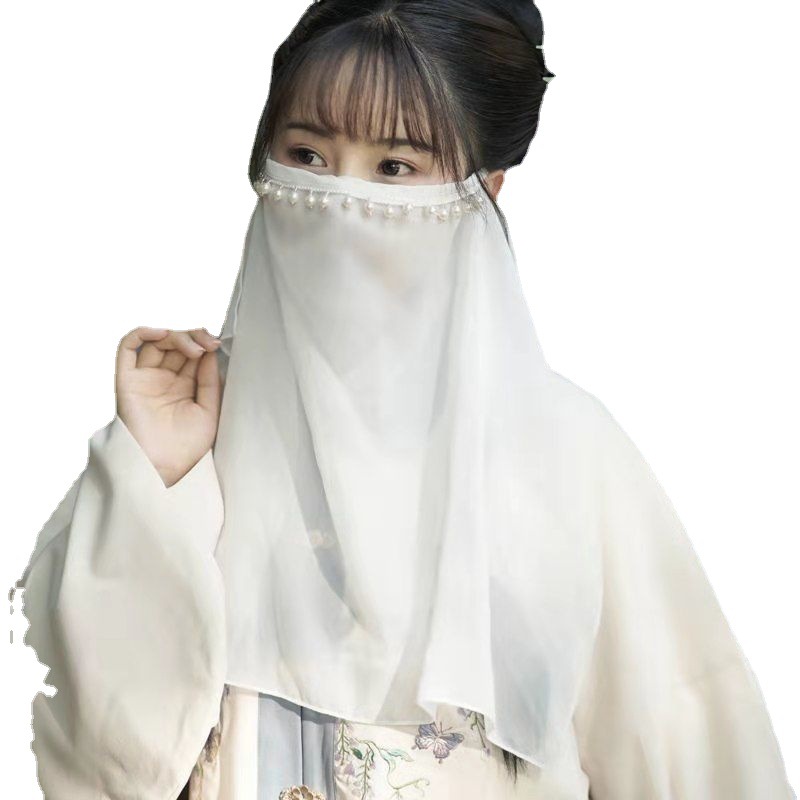 包邮汉服配饰珍珠面纱女百搭古风遮脸纱巾防紫外线面帘非古装