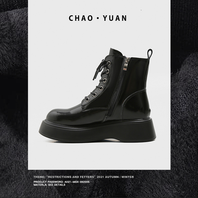 Super Yuan Platform Boots Fleece-Lined Autumn and Winter New Martin Boots Big Head Black Motorcycle Leather Boots High Top Ankle Boots Women