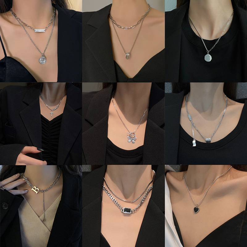 European and American Fashion Double-Layer Pearl Necklace Women's Wholesale Ins Style Hip Hop Fashion Stitching Love Chain Sweater Chain