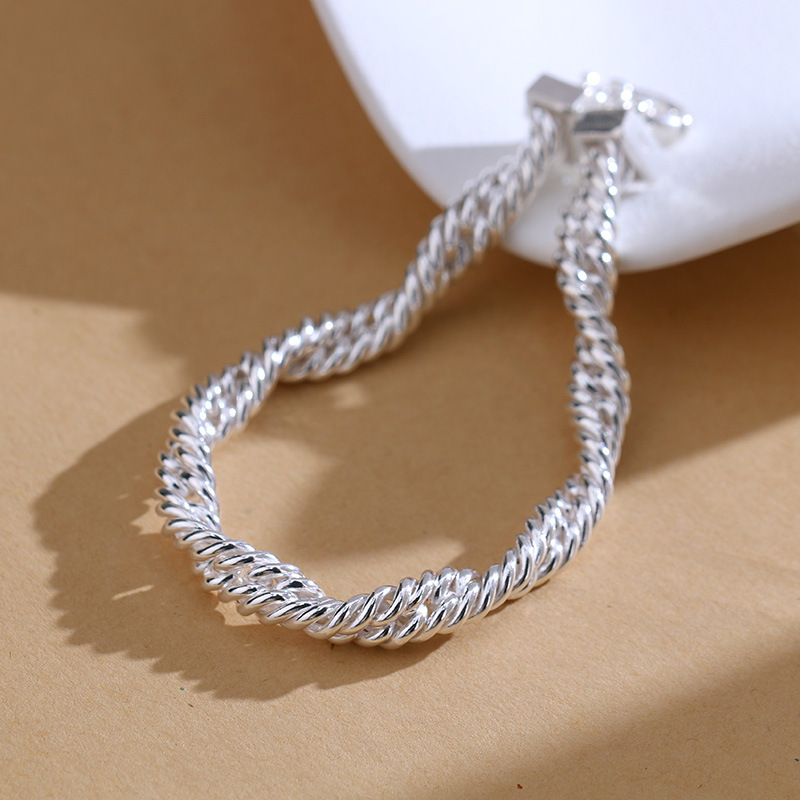 s92银韩版时尚潮男素款缠绕麻花编织手链情侣男女小众轻奢风手饰