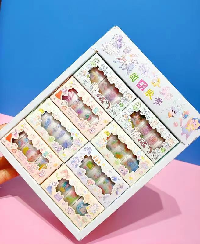 镭射磨砂胶带套装盒装4卷装贴纸人物卡通手账素材手帐胶带批发