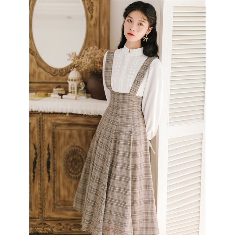 民国风女装复古小洋装英伦风连衣裙少女甜美背带裙秋冬季两件套装