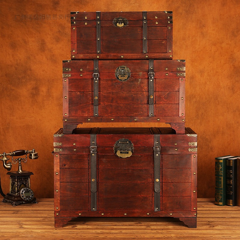 复古大木箱子特大号家用床底衣服整理储物箱老带锁收纳箱橱窗道具