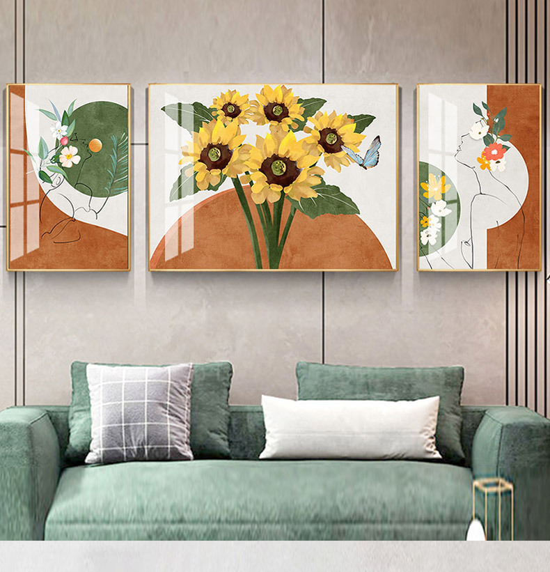 暖色系客厅沙发装饰三联画北欧现代挂画背景墙壁画创意简约晶瓷画
