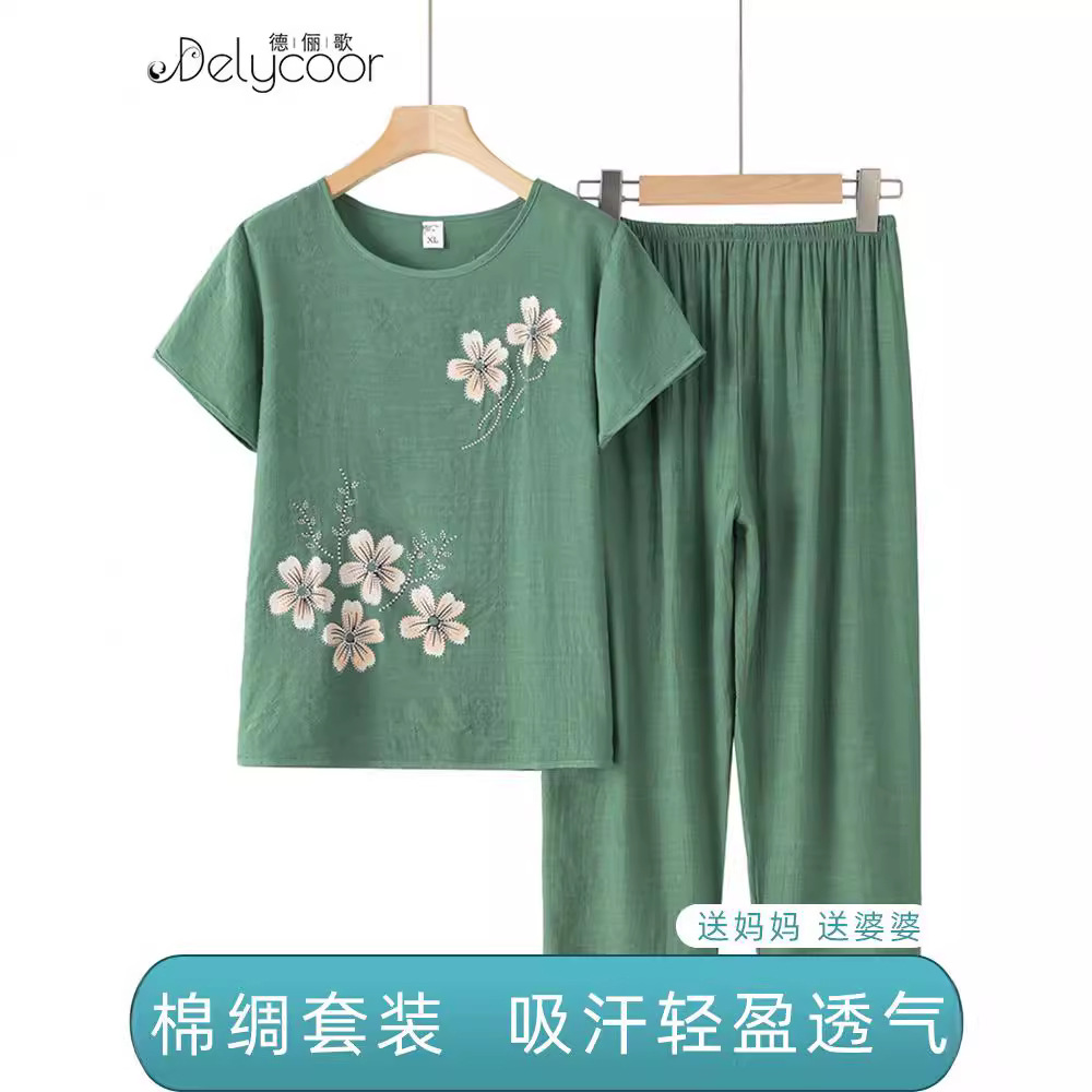 妈妈夏装棉绸套装中老年女装奶奶短袖宽松洋气老人夏天衣服两件套