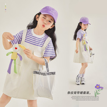 【现货】女童套装2024夏季新品儿童条纹背带裙套装童装两件套批发