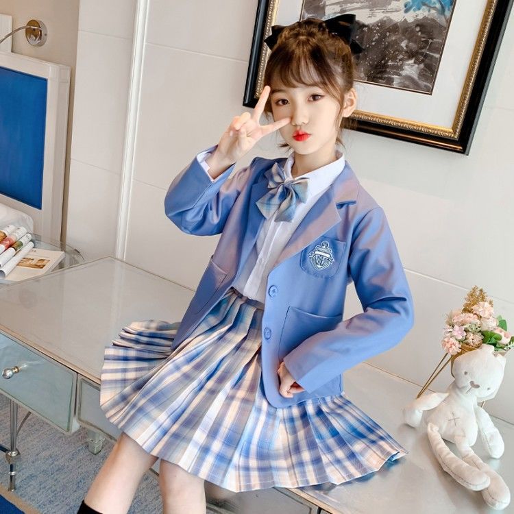jk制服女童gk套装春秋2021新款中大童儿童西装外套格裙西服三件套