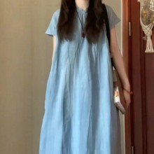 新中式国风蓝色短袖连衣裙女夏温柔复古旗袍裙宽松显瘦短袖长裙子