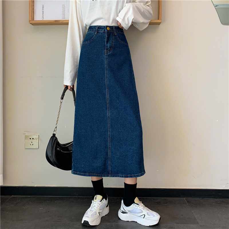 Straight Skirt Retro Black High Waist Denim Skirt Women's Autumn and Winter Split Slimming Versatile A- line Midi Skirt