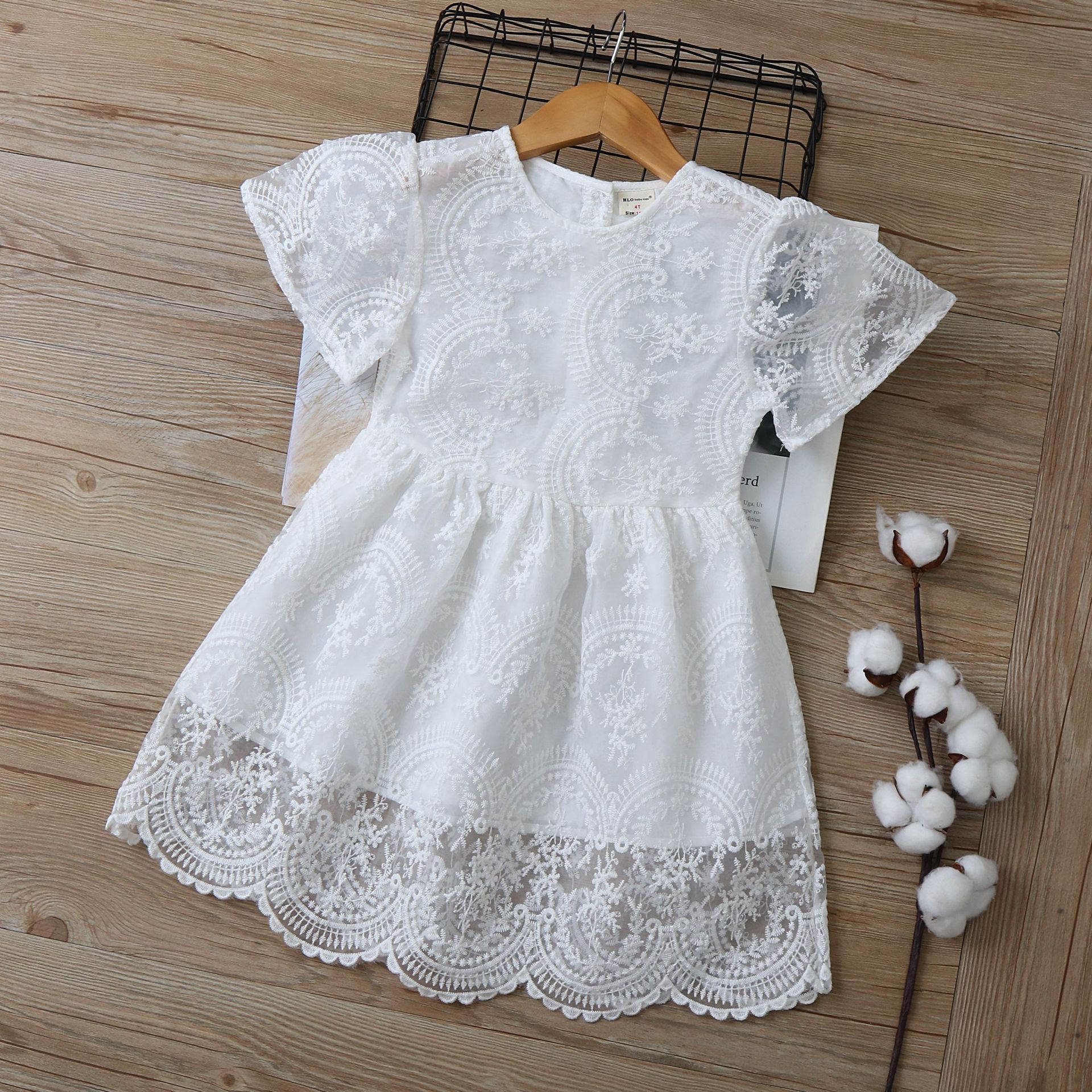 qy-2438刺绣欧根纱女童短袖连衣裙儿童公主裙2024夏新款童装童裙