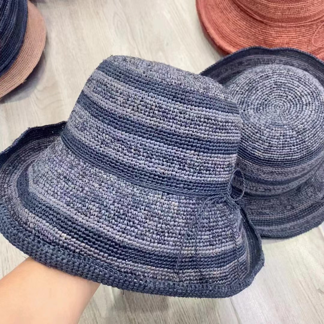 新款手钩拉菲草草帽女帽子夏遮阳帽防晒帽度假优雅蝴蝶结装饰帽子