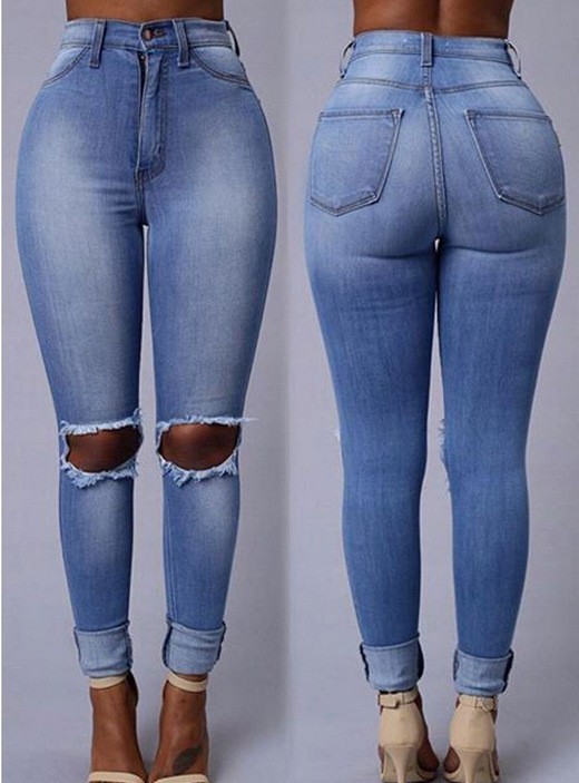 Women's Pants Denim Women's Pants Foreign Trade European and American South America Middle East Knee Ripped Jeans Women's Worn Tappered Pencil Eldest Son