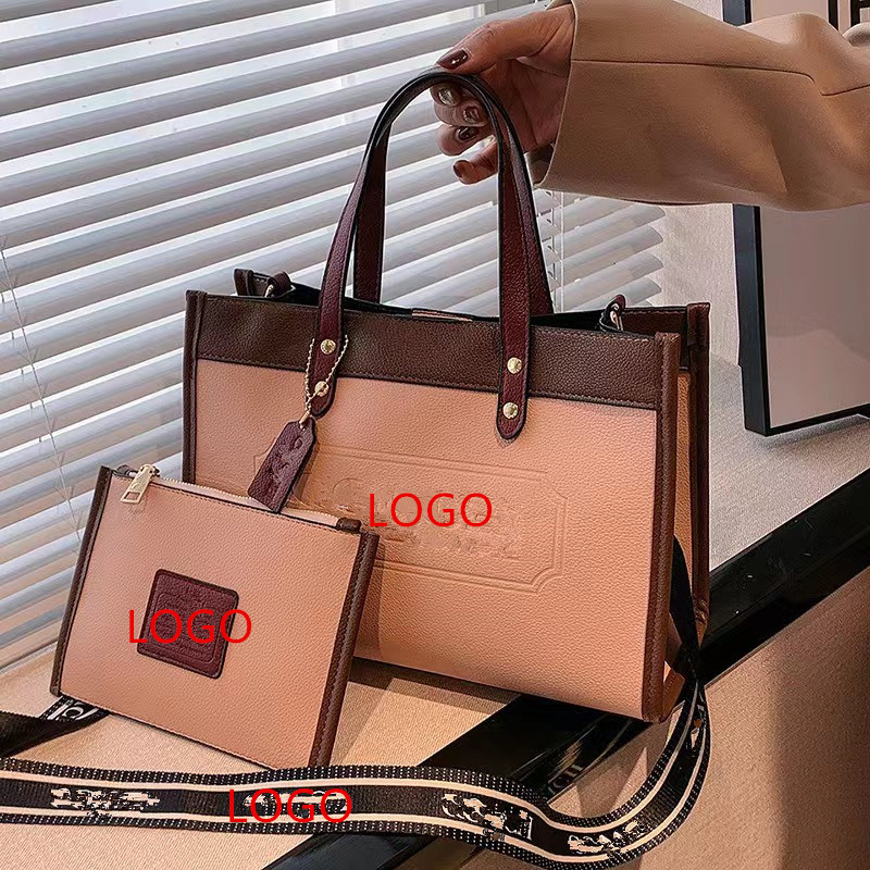 Foreign Trade Koujia Stitching Pu Tote Bag Logo Indentation Fashion Shoulder Messenger Bag European and American Vintage Bag Wholesale