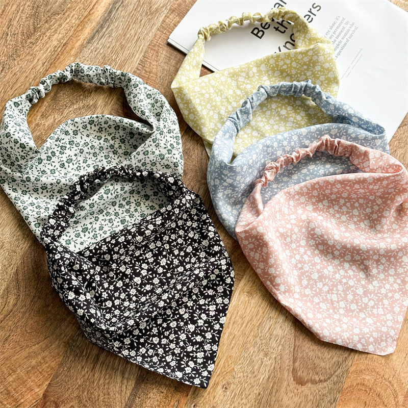 New Daisy Floral Fabric Chiffon Closed Toe Triangular Binder Women's Elastic Band Pastoral Style Scarf Hair Band Headcloth