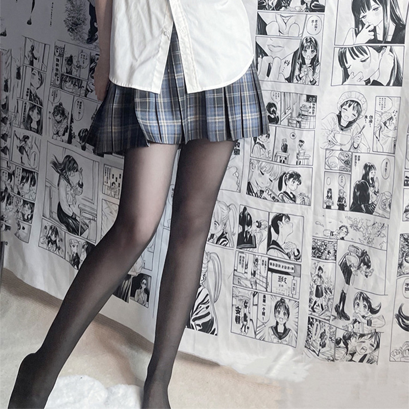 Velvet Black Silk Stockings Plaid Skirt with Hot Girl Senior Sister JK Pure Desire Spring and Autumn Black Sexy Panty-Hose Micro Pressure Stockings