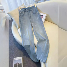 十字烫钻直筒牛仔裤女夏季设计感薄款显瘦阔腿裤浅蓝色垂感拖地裤