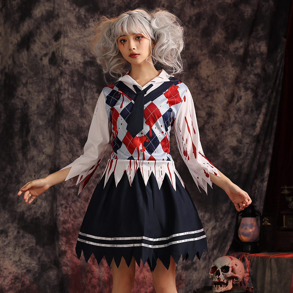 万圣节服装 血迹学生制服套装cosplay服女学生装 出口日本僵尸服