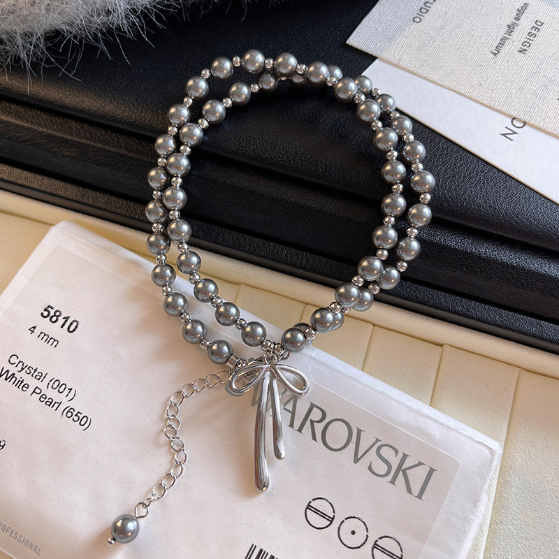 ornament niche high-grade silver gray s pearl necklace fashionable all-match graceful bow pendant clavicle chain