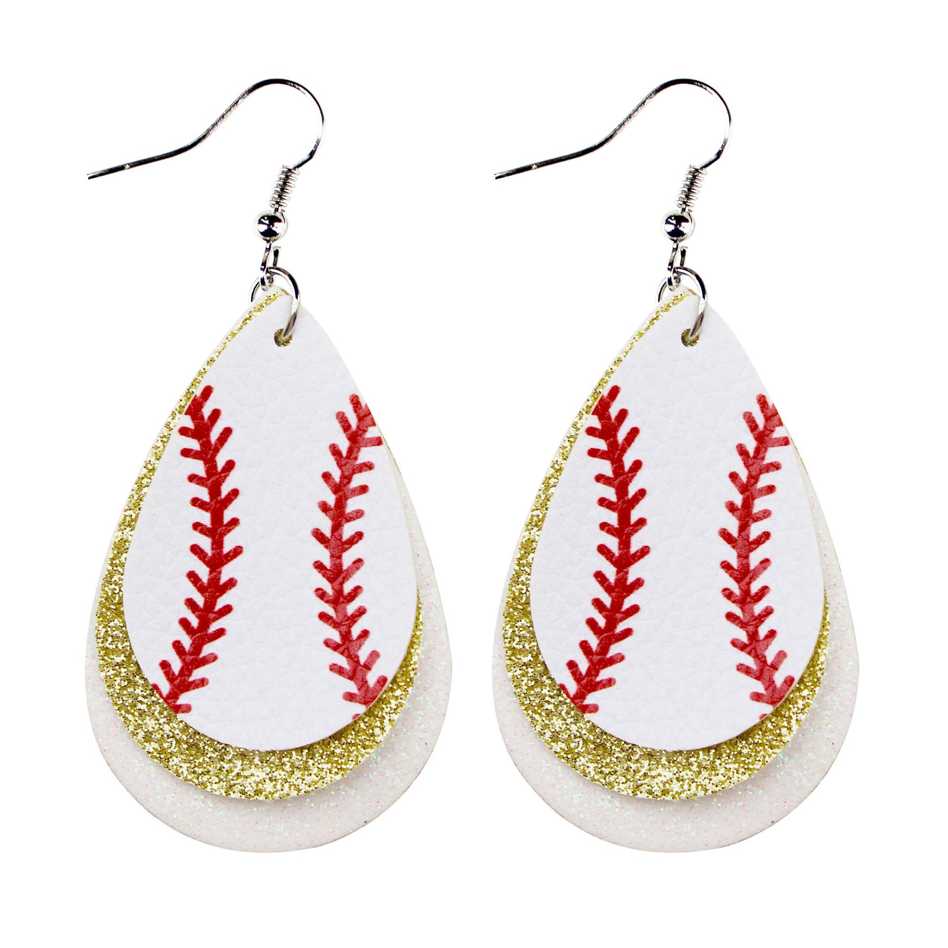 White Leather Baseball Theme Earrings Glitter Pu round Heart Water Drops Baseball Three-Layer Earrings Cross-Border Amazon