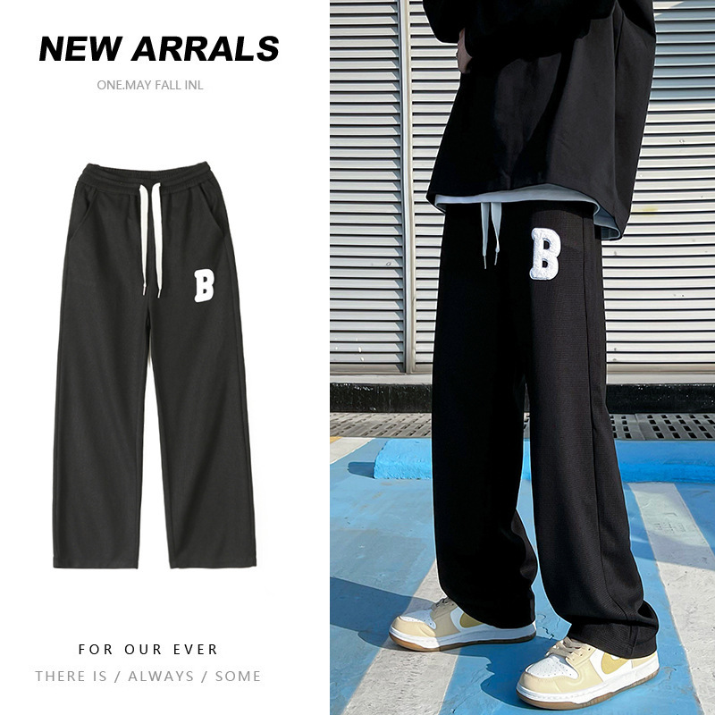   Waffle Casual Pants Men's Summer Fashion Brand etter Embroidery Simple Ankle-Tied Sweatpants Hong Kong Style oose Track Pants