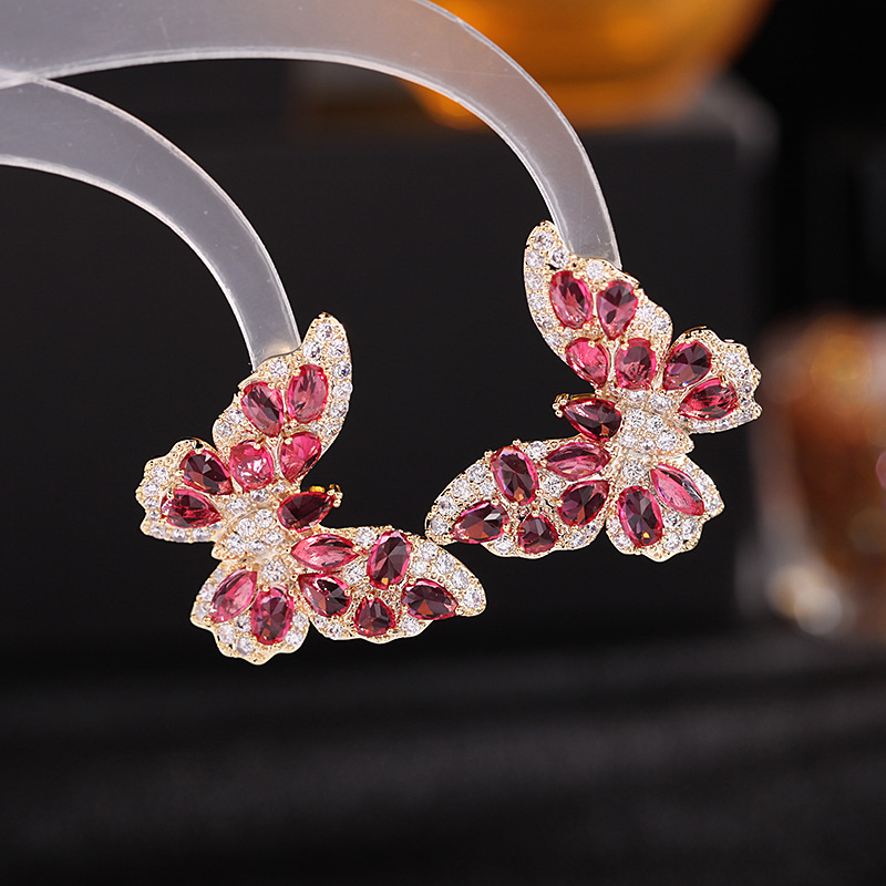 New European and American Earrings Heavy Industry High-Grade Color Zircon Earrings Female Atmosphere Sterling Silver Needle Three-Dimensional Butterfly Studs