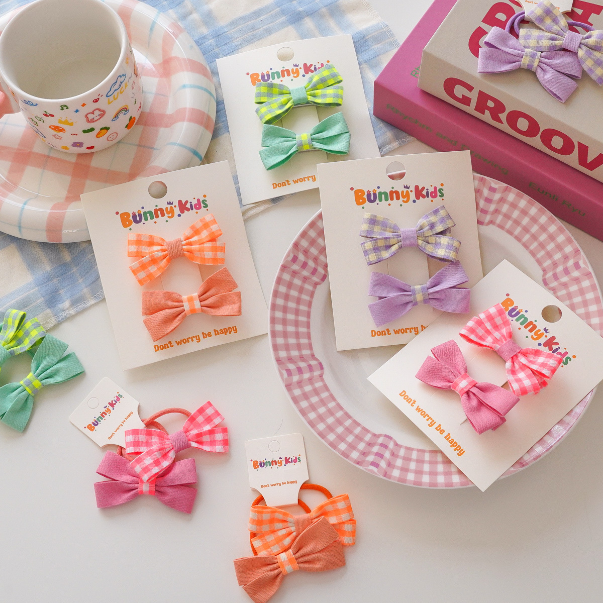 新款格子荧光色布艺蝴蝶结儿童发夹可爱宝宝小号皮筋发圈刘海头饰