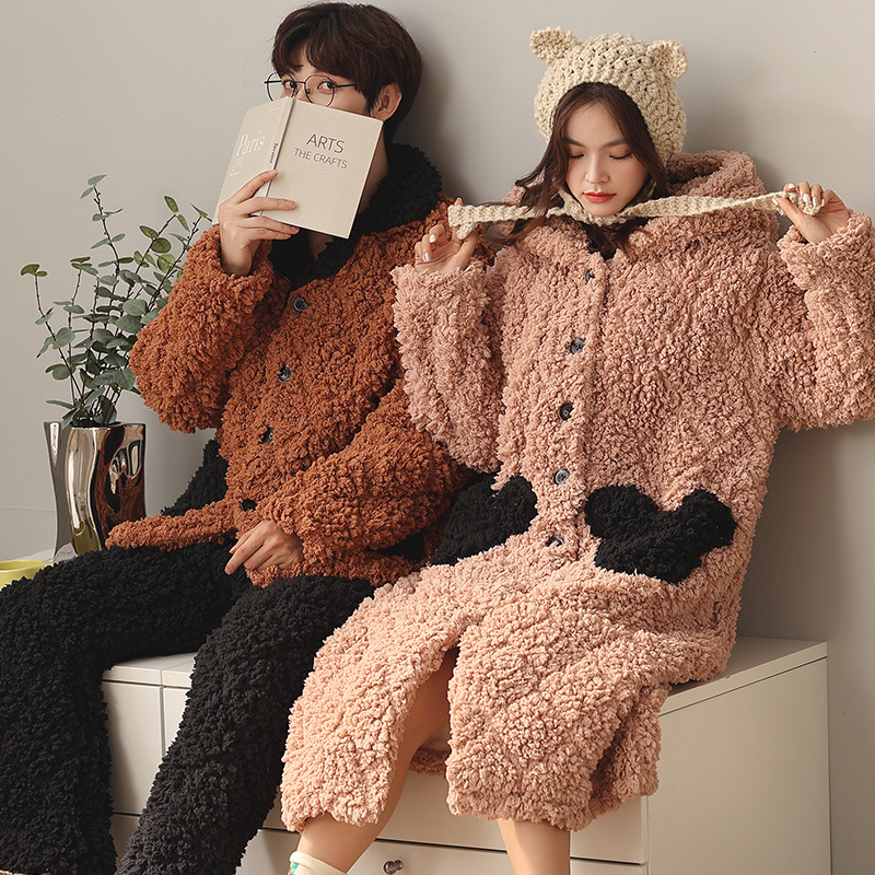 绿妍三层加厚珊瑚绒夹棉情侣睡衣女睡袍冬季燕窝绒男士家居服套装