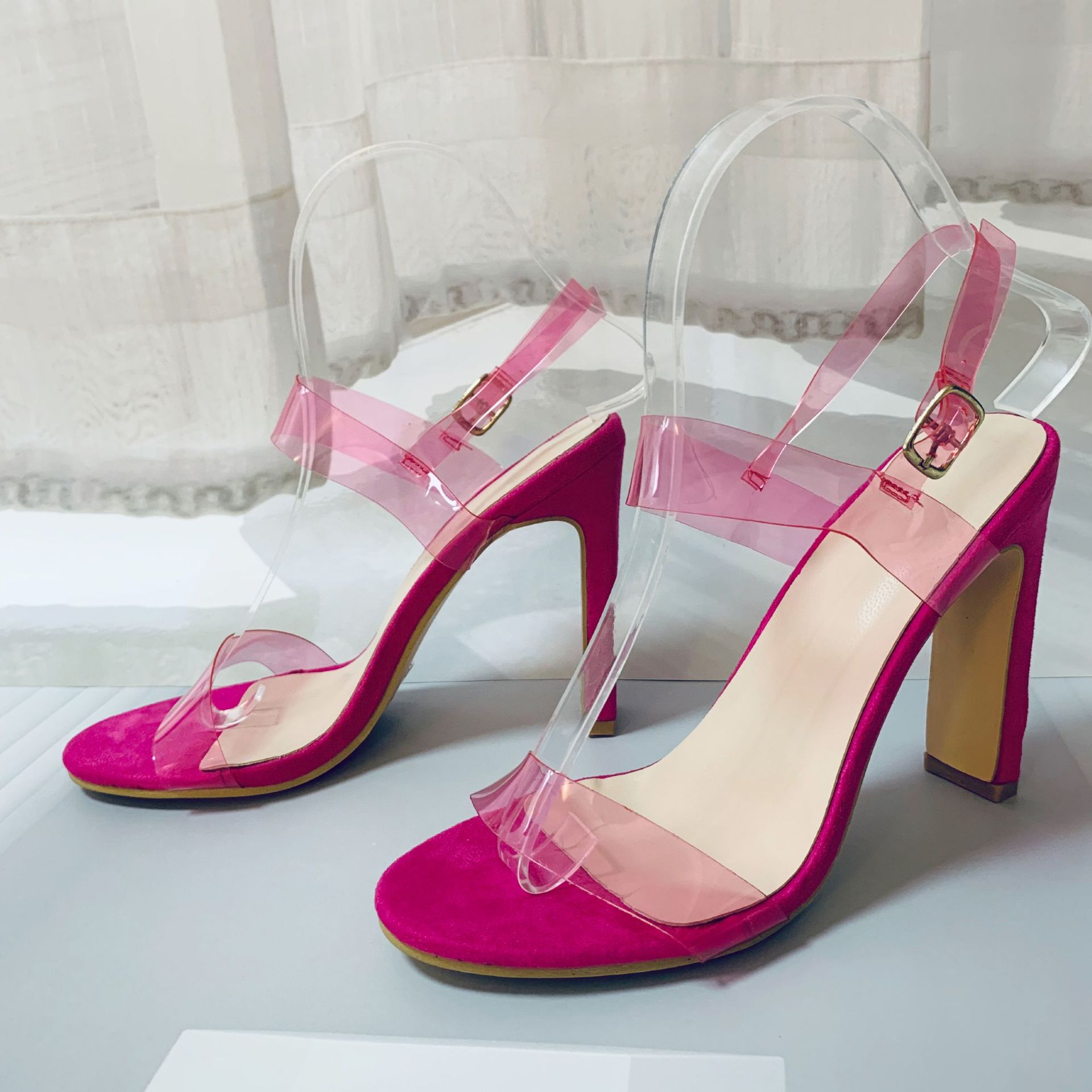 黑五欧美夏季荧光色pvc派对凉鞋 跨境爆款一字带大码粗跟高跟鞋女