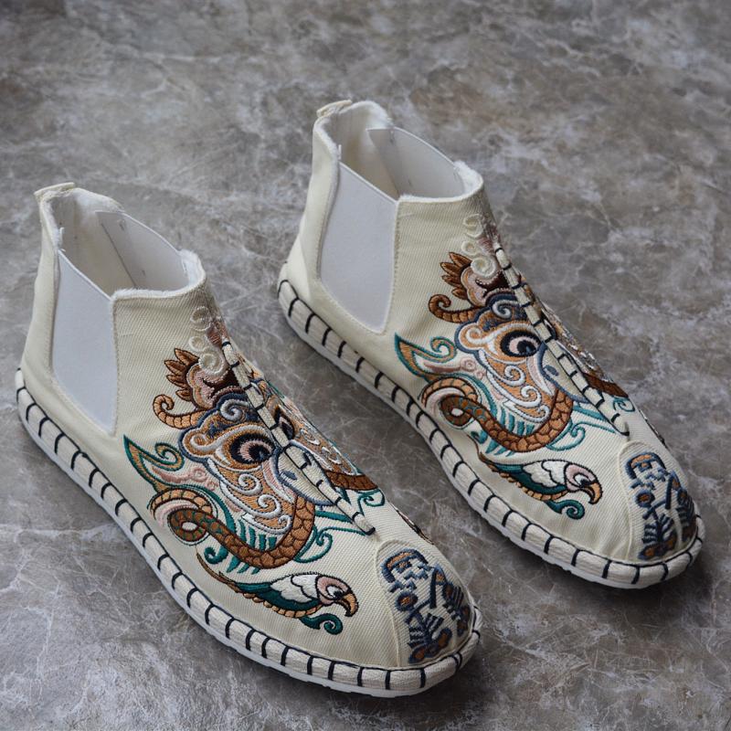 民族风休闲刺绣高帮鞋老北京手工千层底布鞋男秋冬薄绒透气一脚蹬