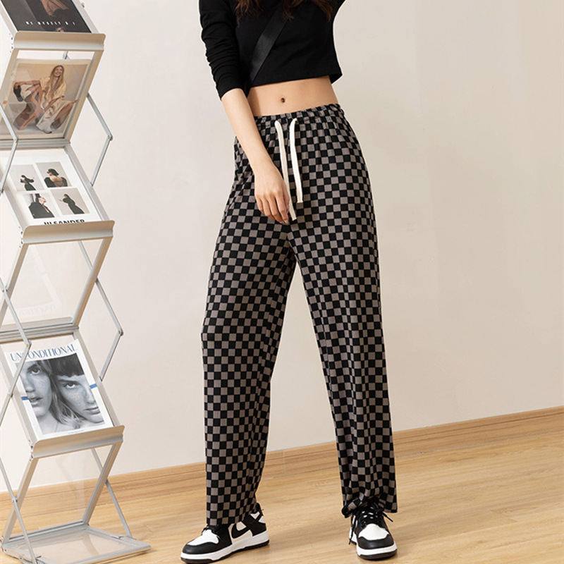 Plaid Cool Pants Summer Ice Silk Thread New Women's Loose Slimming Draping Effect Straight Mop Drawstring Casual Pants