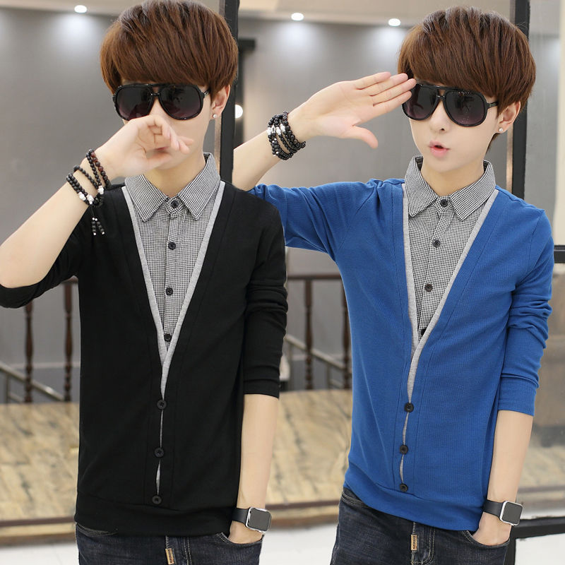 青少年春秋男孩长袖t恤假两件上衣初中学生12-18岁大童修身打底衫