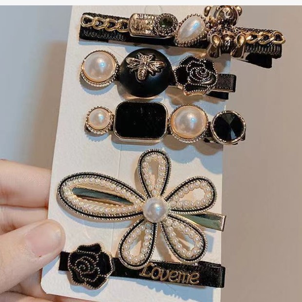 South Korea Dongdaemun Feather Barrettes 6-Piece Set Scissors Pearl Alloy Hairpin Internet Celebrity Word Clip Grip Duckbill Clip