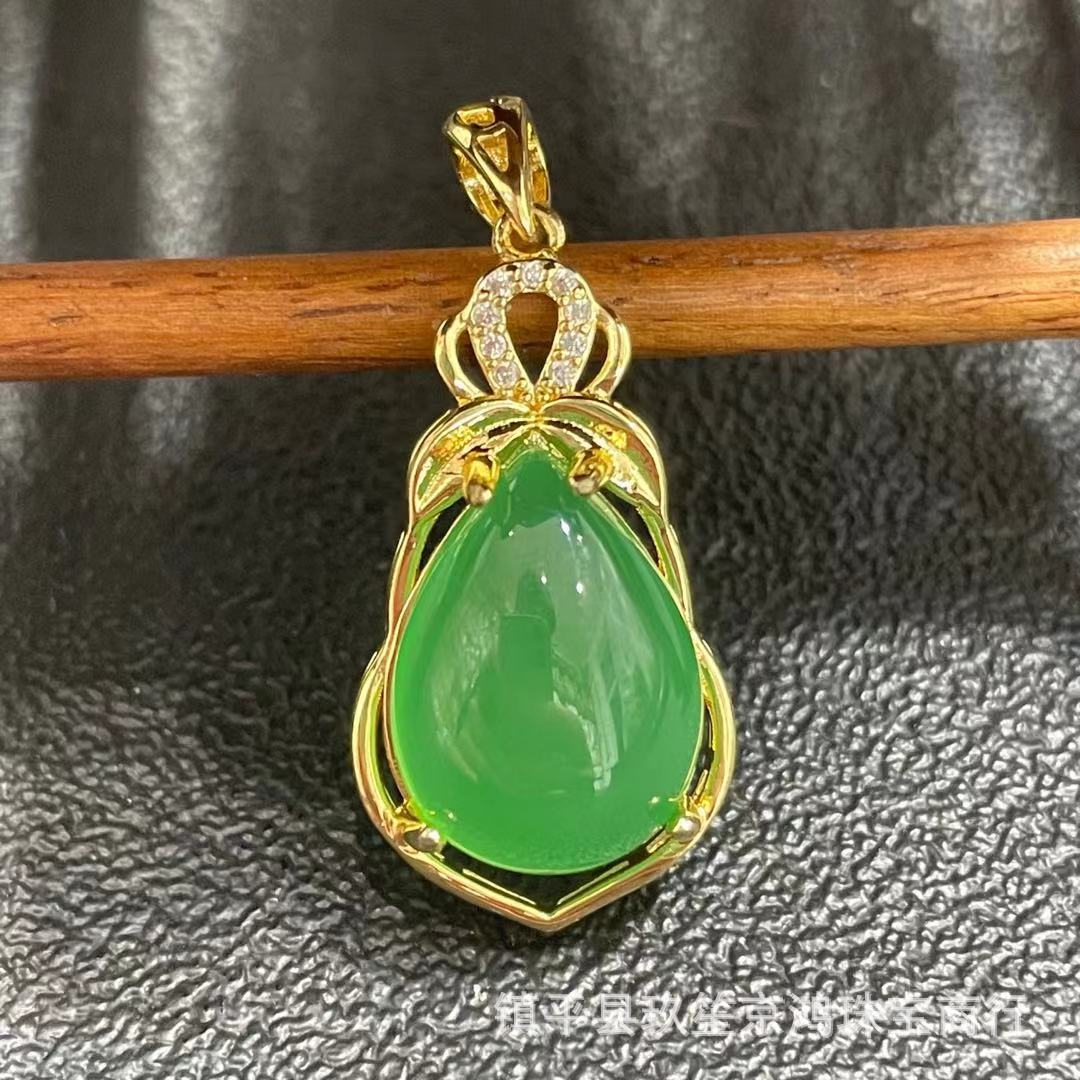玉髓吊坠s925豪华镶嵌阳绿水滴绿玛瑙高冰水滴玉石吊坠直播货源