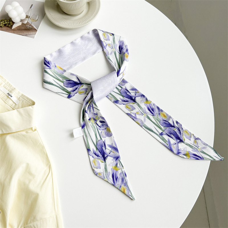 Spring Floral Printed Silk Scarf Women's Korean-Style All-Match Long Narrow Silk Scarf Pastoral Artistic Oblique Ribbon Arm Bag Ribbon