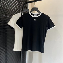 24夏cou*ges刺绣黑白撞色圆领正肩T恤女百搭休闲韩系短袖上衣显瘦