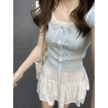 韩系蓝色小飞袖冰丝针织短袖上衣女夏设计感小众修身正肩短款t恤