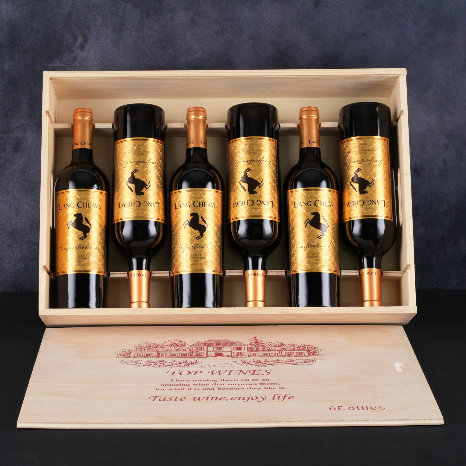 法国原瓶进口朗骏金属标重型瓶六支木箱礼盒干红葡萄酒正品送礼