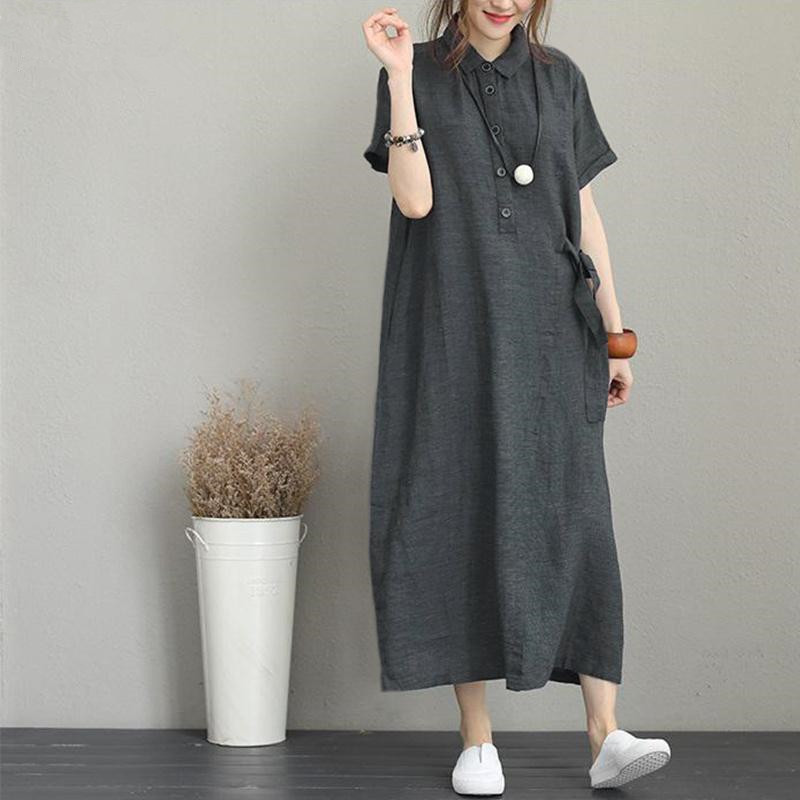 Cross-Border New Arrival Polo Collar Cotton and Linen Lapel Short Sleeve Loose Pockets Temperament Women's Casual Dress